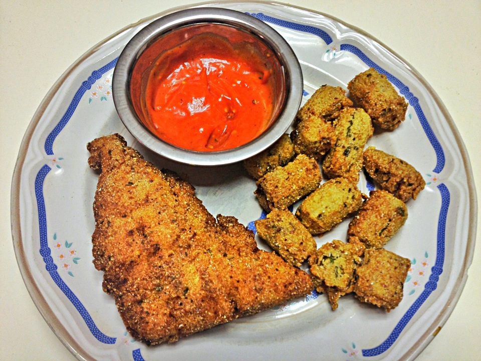 Buttermilk fried catfish and fried okra w/ homemade cocktail sauce.